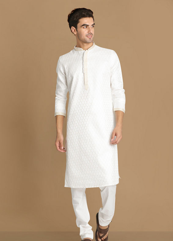 Manyavar Men White Self Design Kurta Set