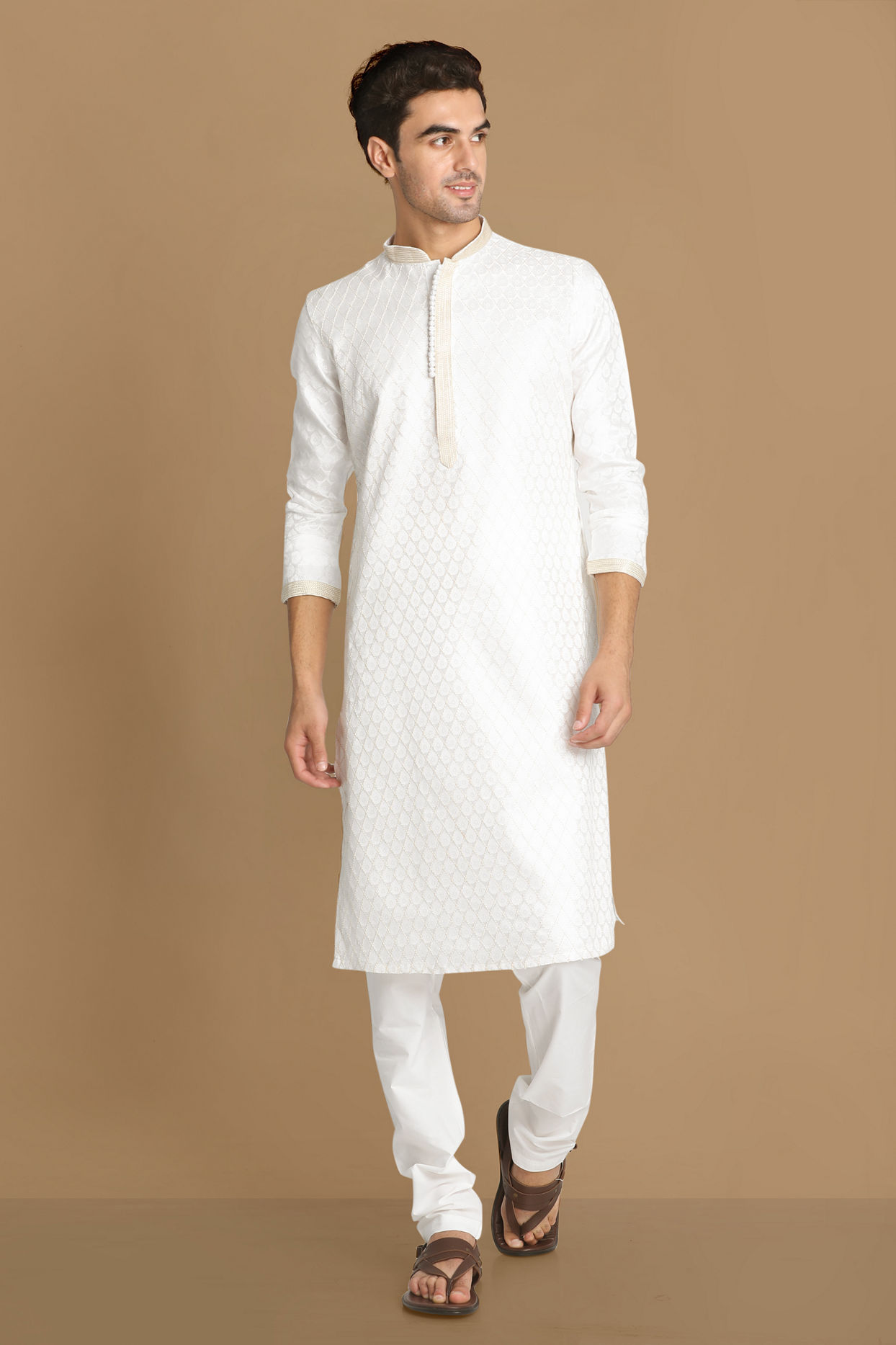 Manyavar Men White Self Design Kurta Set