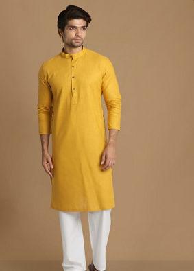 alt message - Manyavar Men Daffodil Yellow Self Design Kurta image number 1