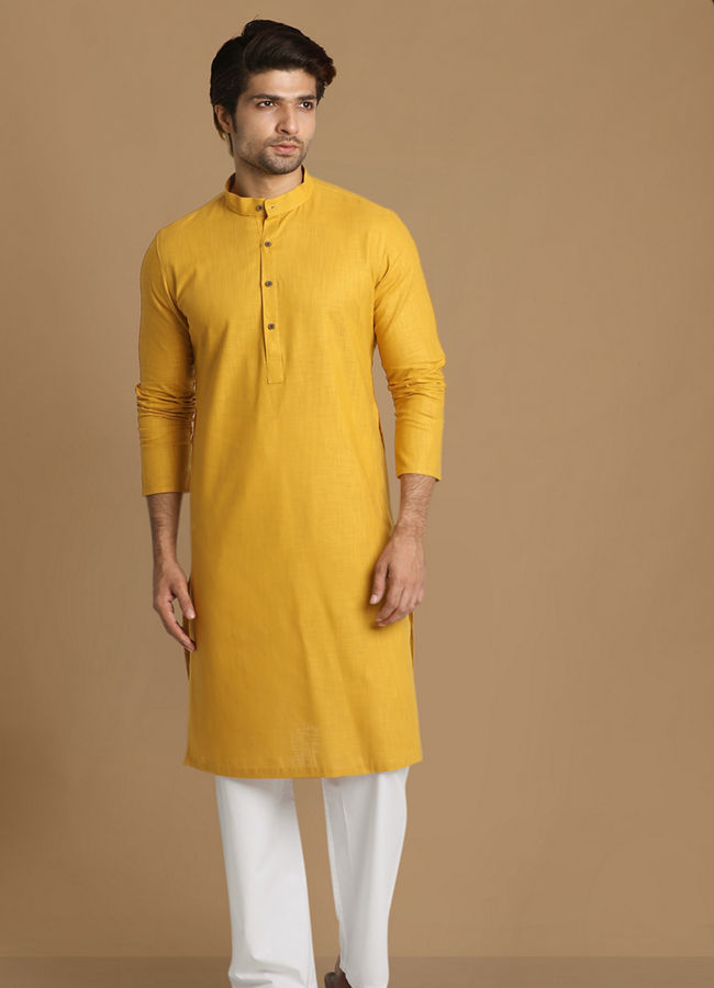 alt message - Manyavar Men Daffodil Yellow Self Design Kurta image number 1