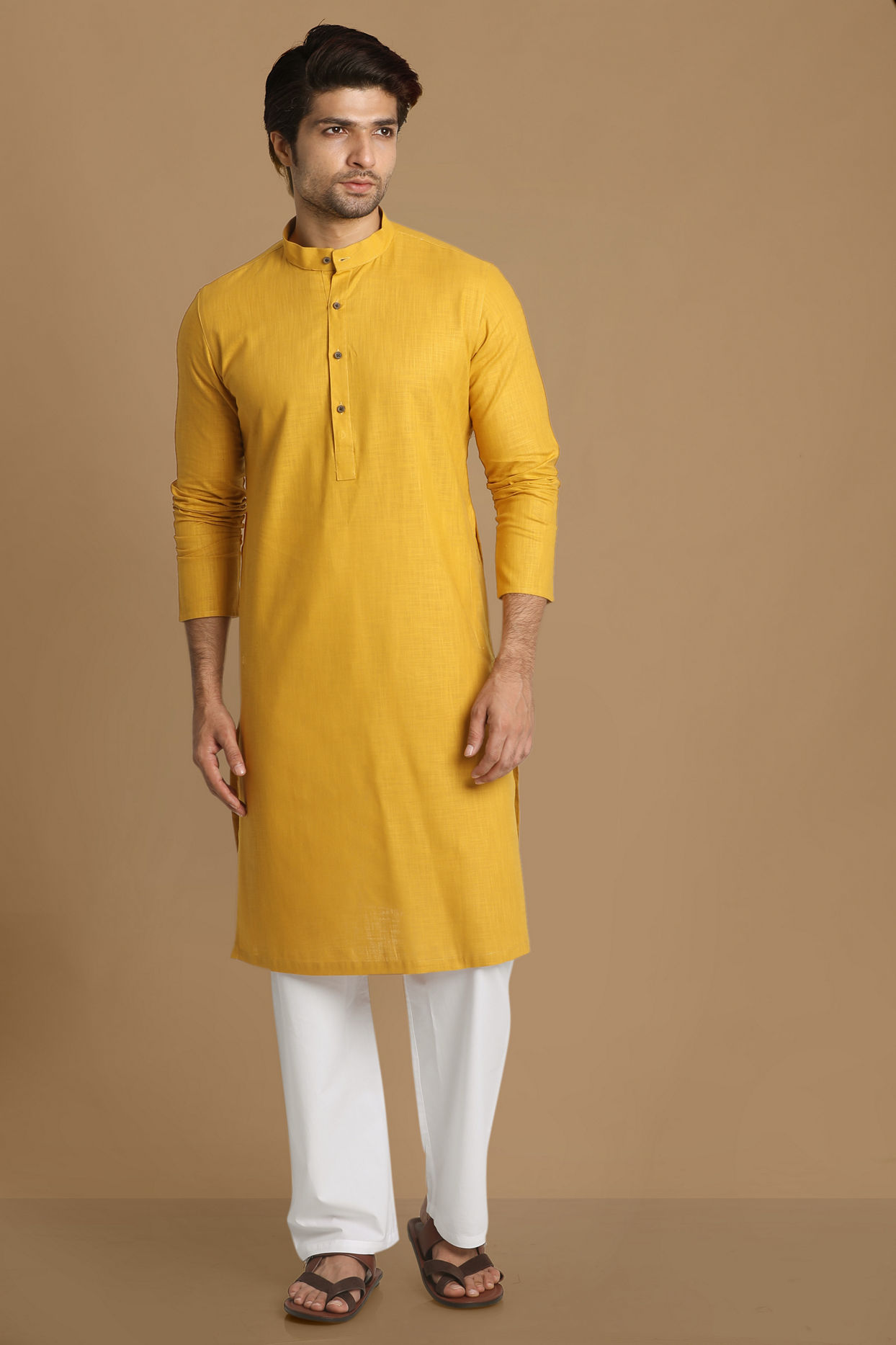 alt message - Manyavar Men Daffodil Yellow Self Design Kurta image number 1