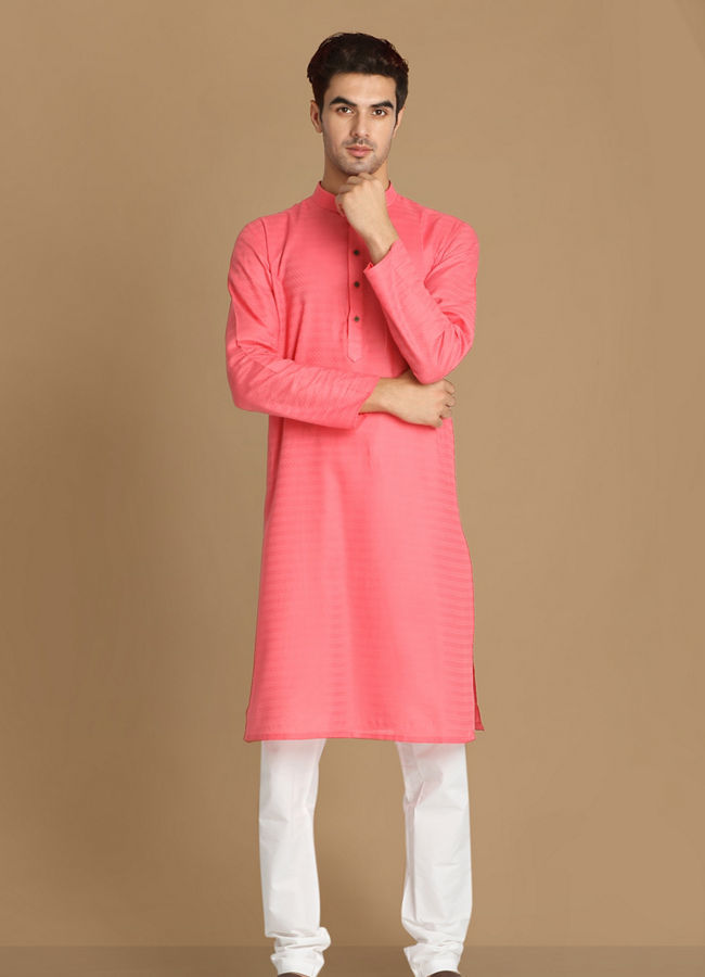 Manyavar Men Bubblegum Pink Self Motif Kurta