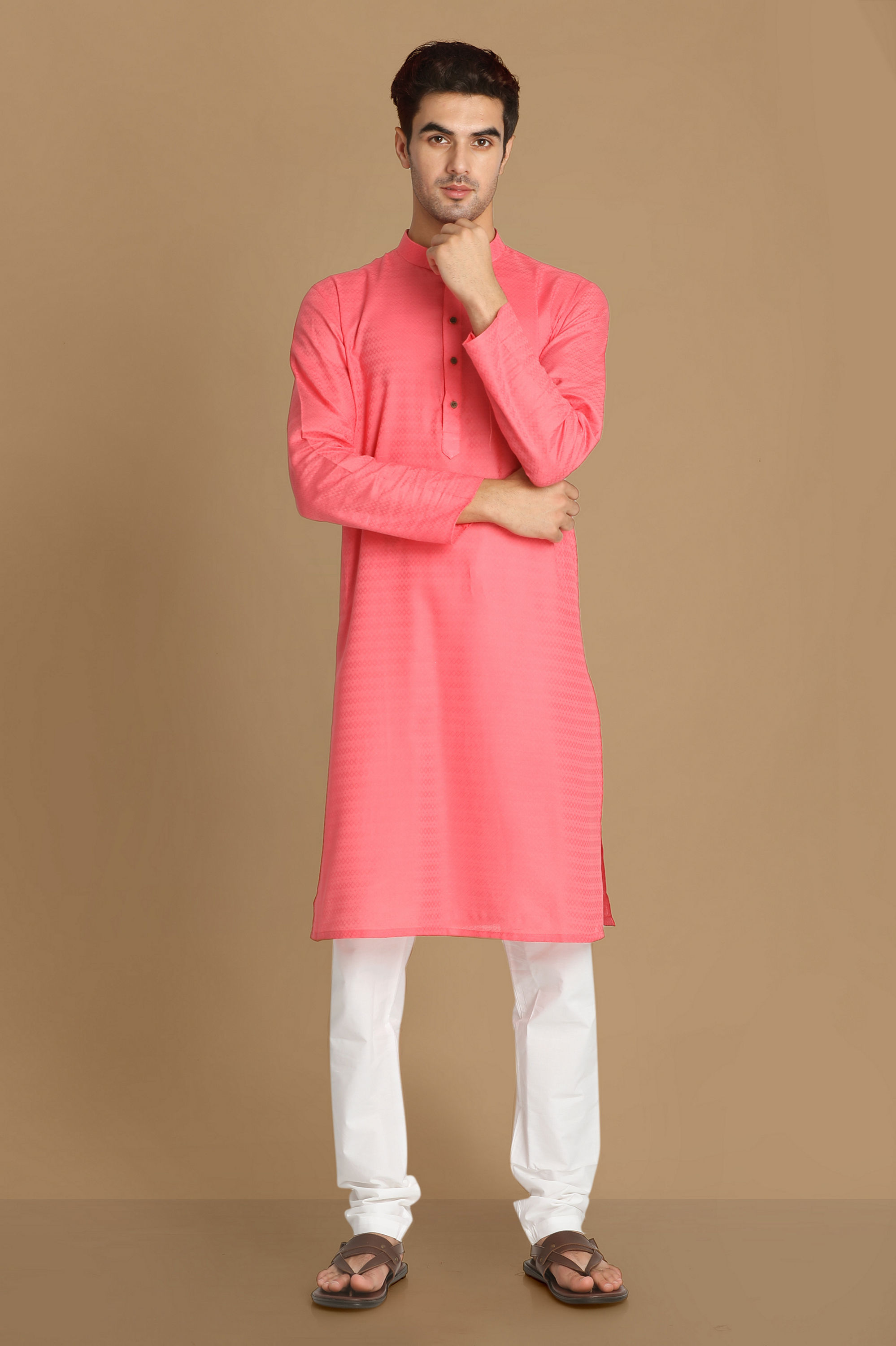 Manyavar Men Bubblegum Pink Self Motif Kurta