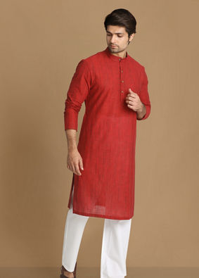 Manyavar Men Ruby Red Self Design Kurta image number 1