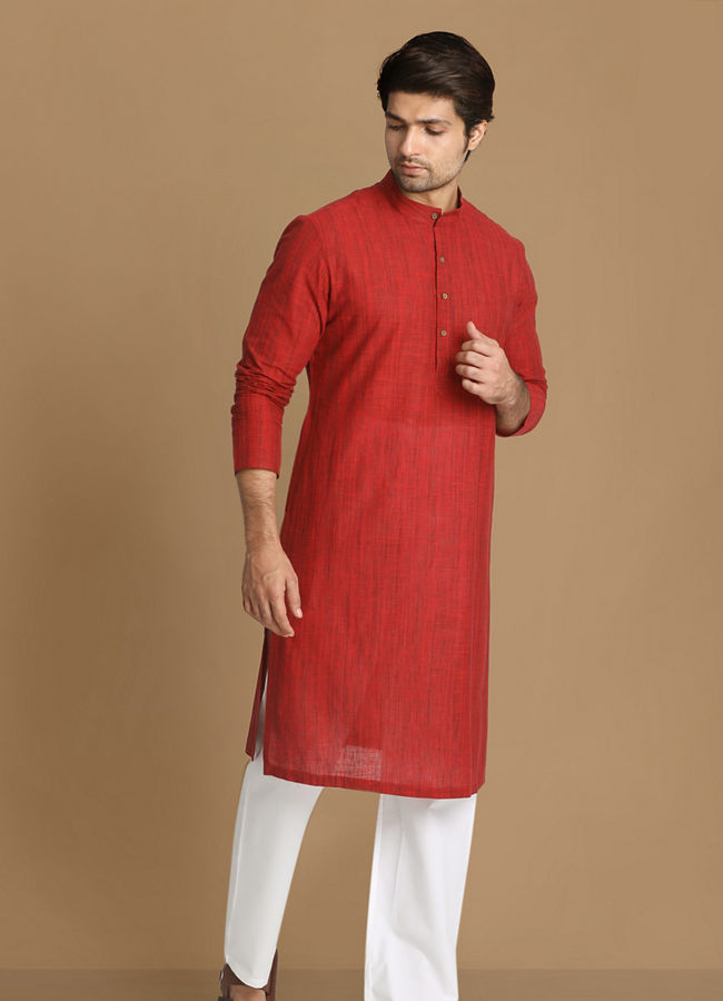 Manyavar Men Ruby Red Self Design Kurta image number 1