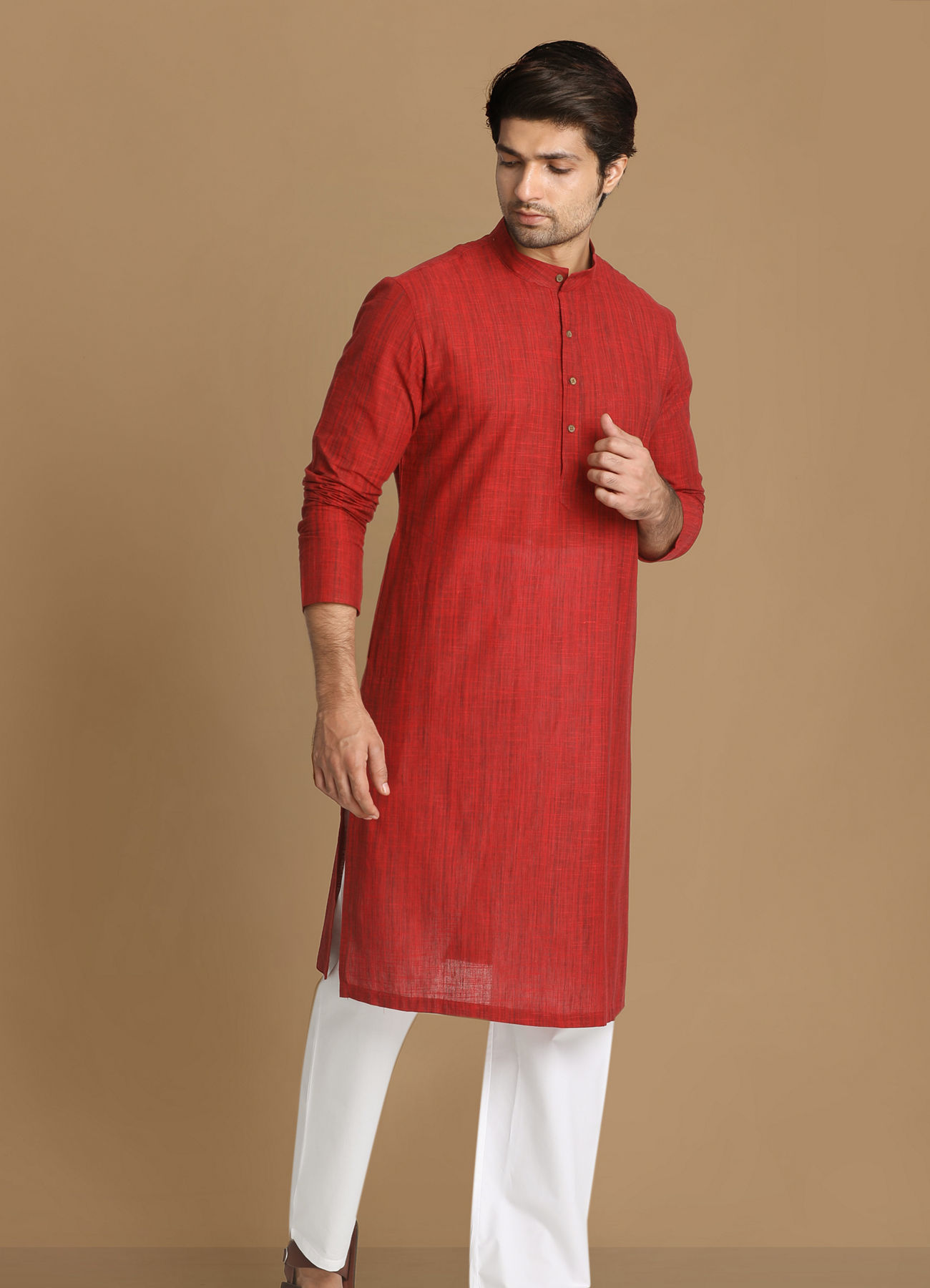 Manyavar Men Ruby Red Self Design Kurta