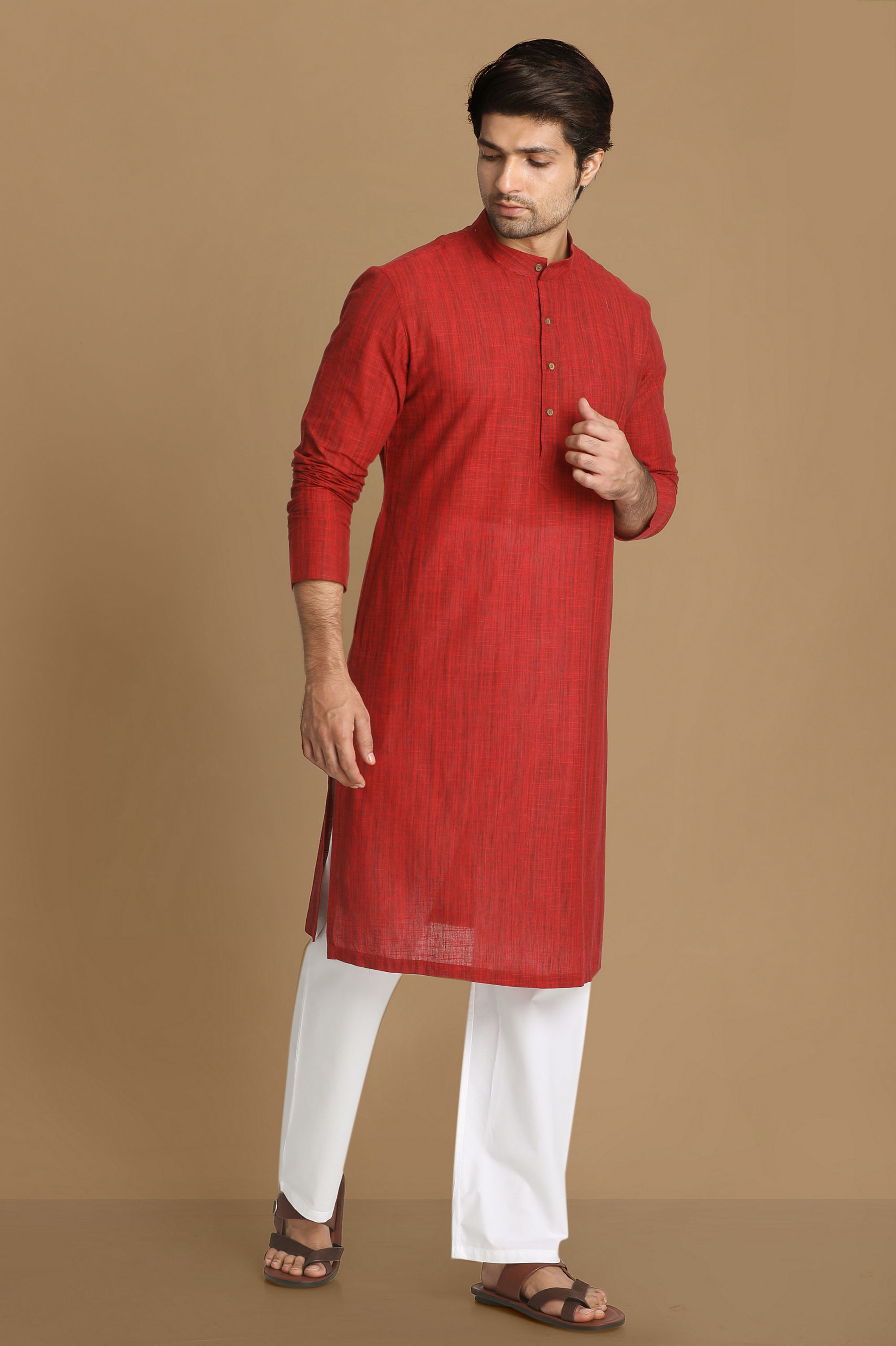 Manyavar Men Ruby Red Self Design Kurta