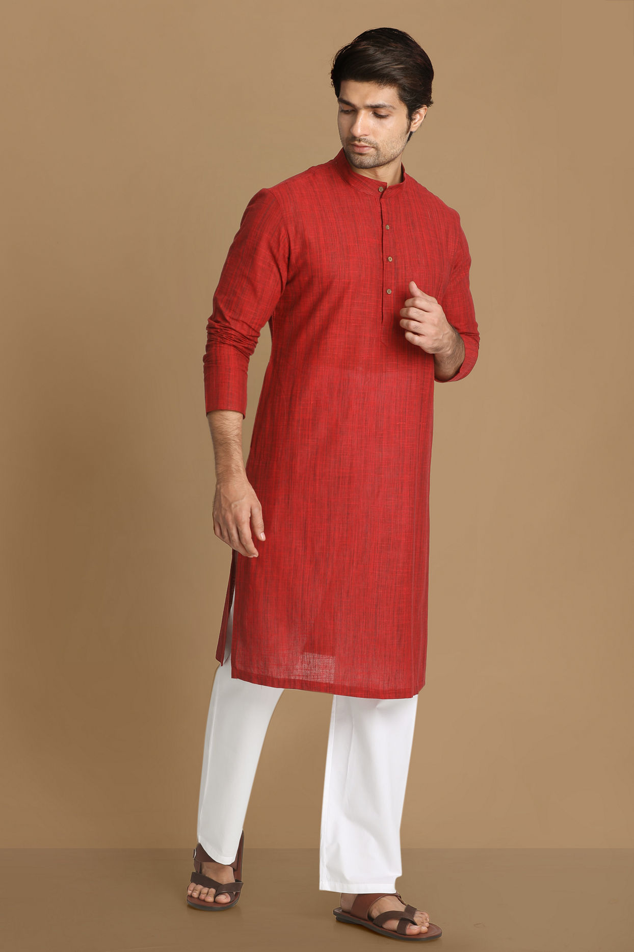 Manyavar Men Ruby Red Self Design Kurta image number 1