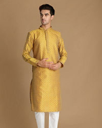 Manyavar Men Molten Gold Yellow Jacquard Kurta Set