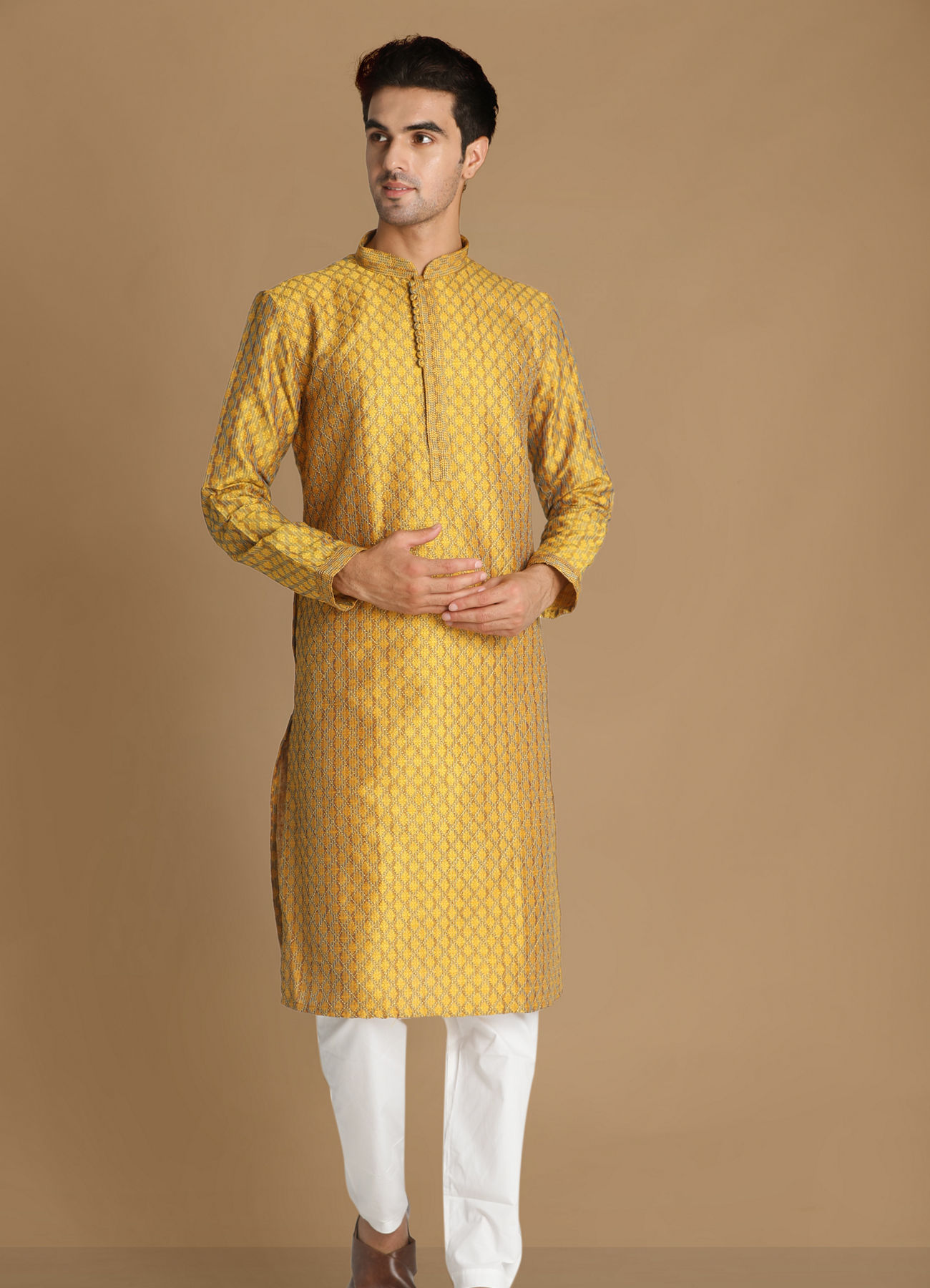 Manyavar Men Molten Gold Yellow Jacquard Kurta Set