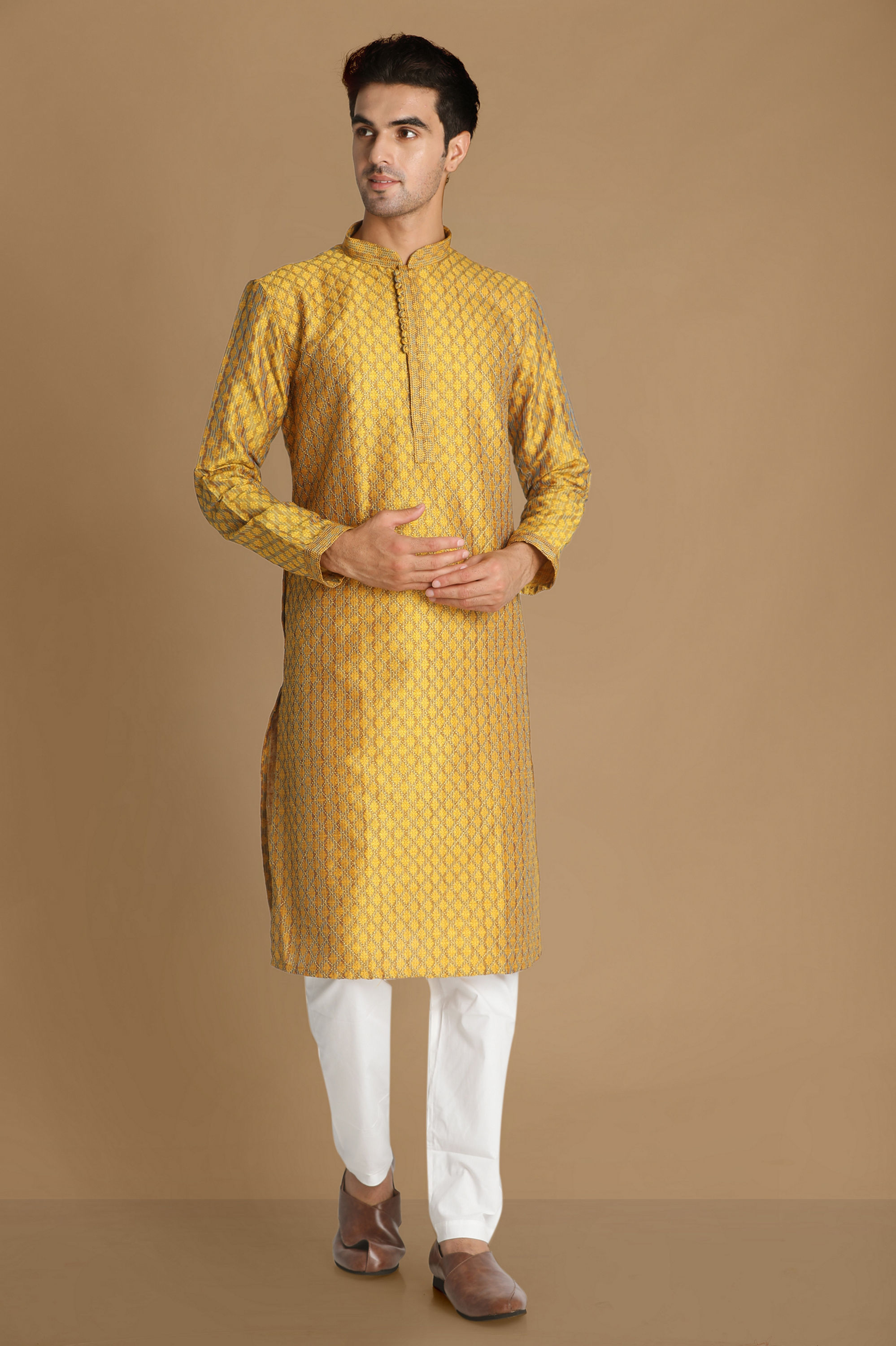 Manyavar Men Molten Gold Yellow Jacquard Kurta Set