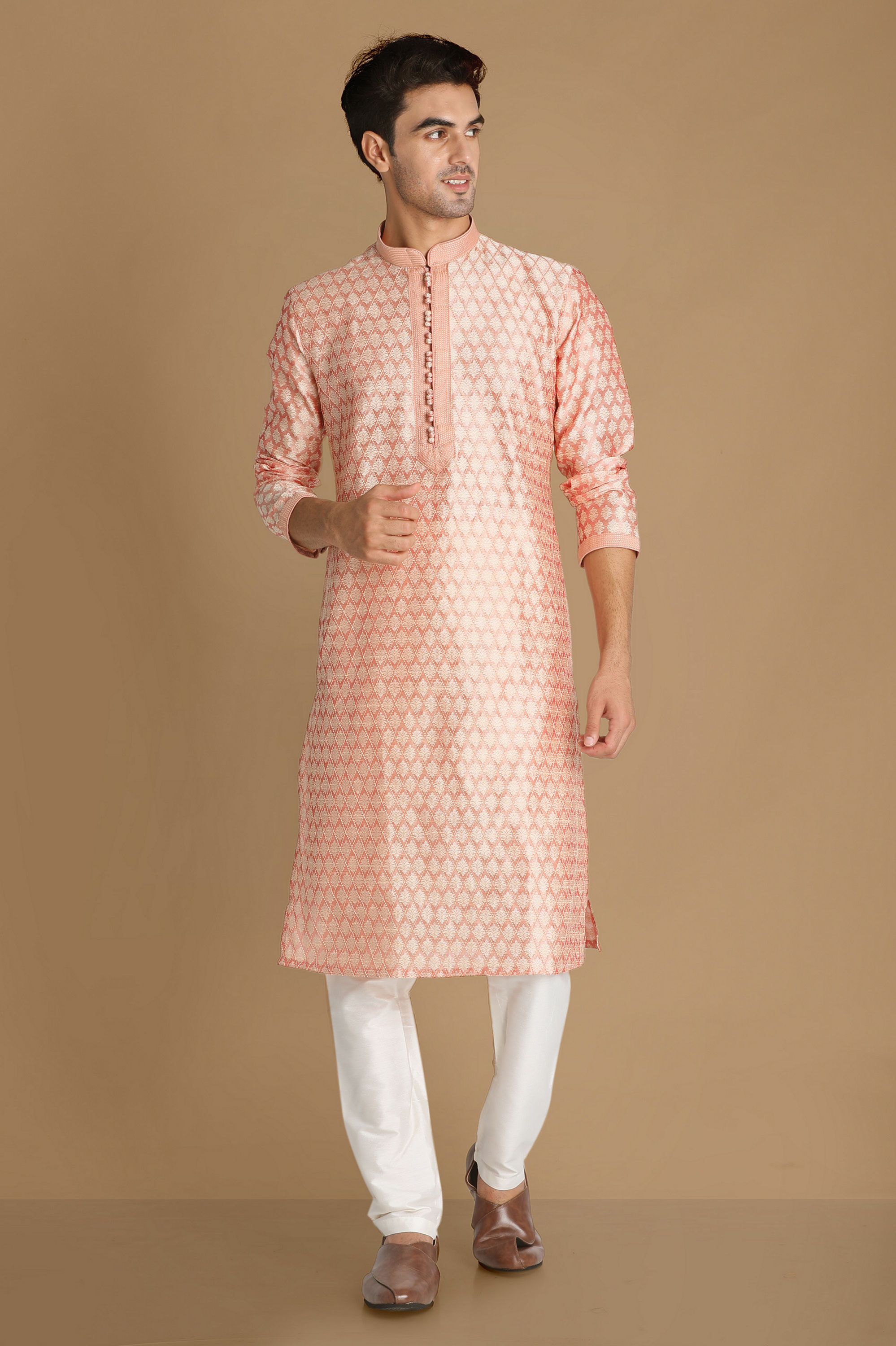 Manyavar Men Light Pink Self Design Kurta Set