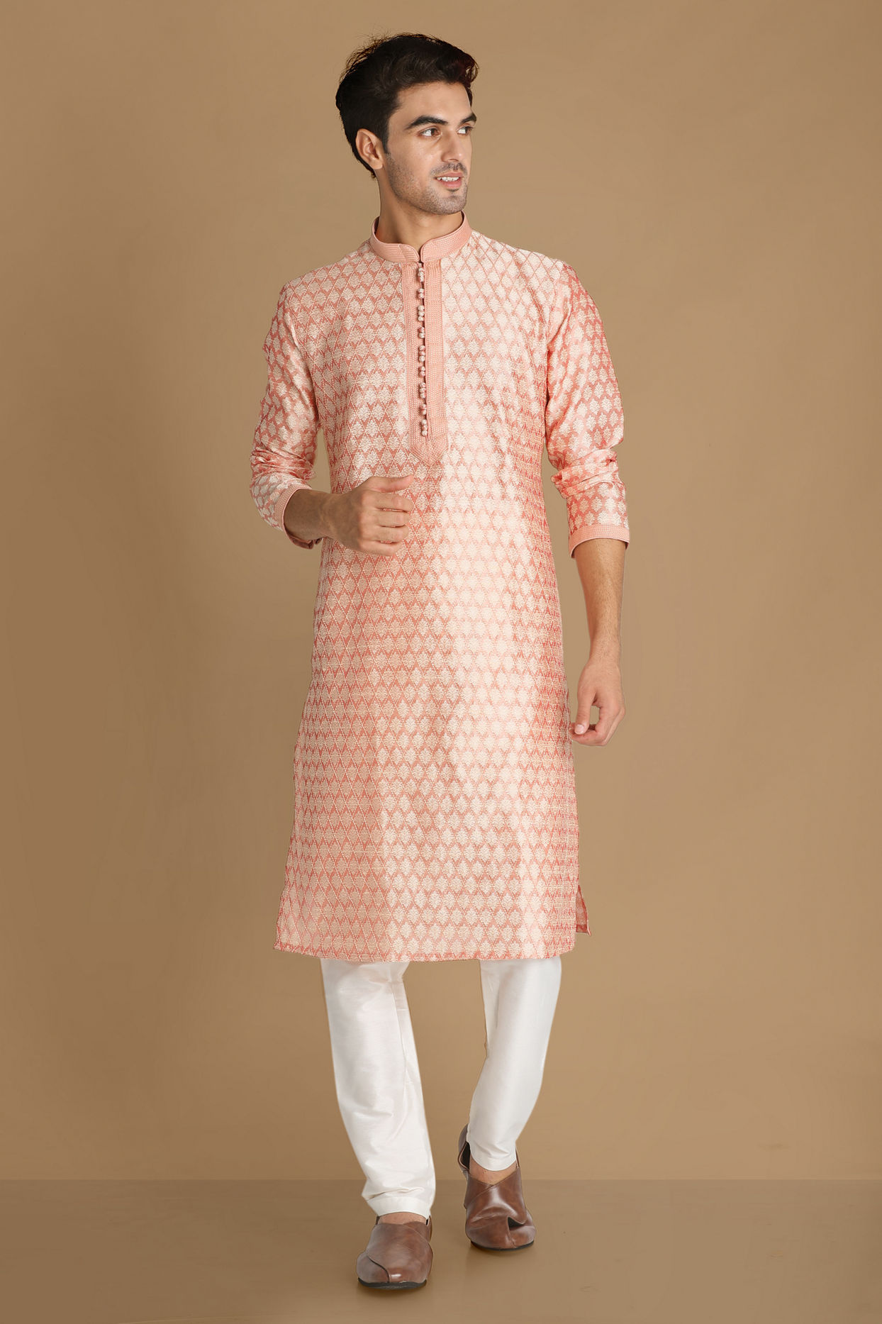 Manyavar Men Light Pink Self Design Kurta Set