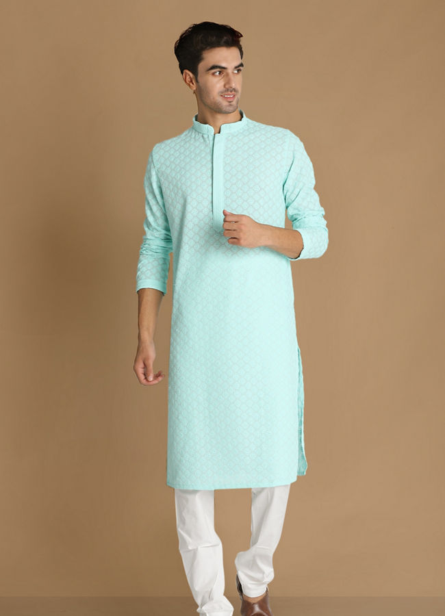 Manyavar Men Mint Green Chikankari Kurta Set image number 1