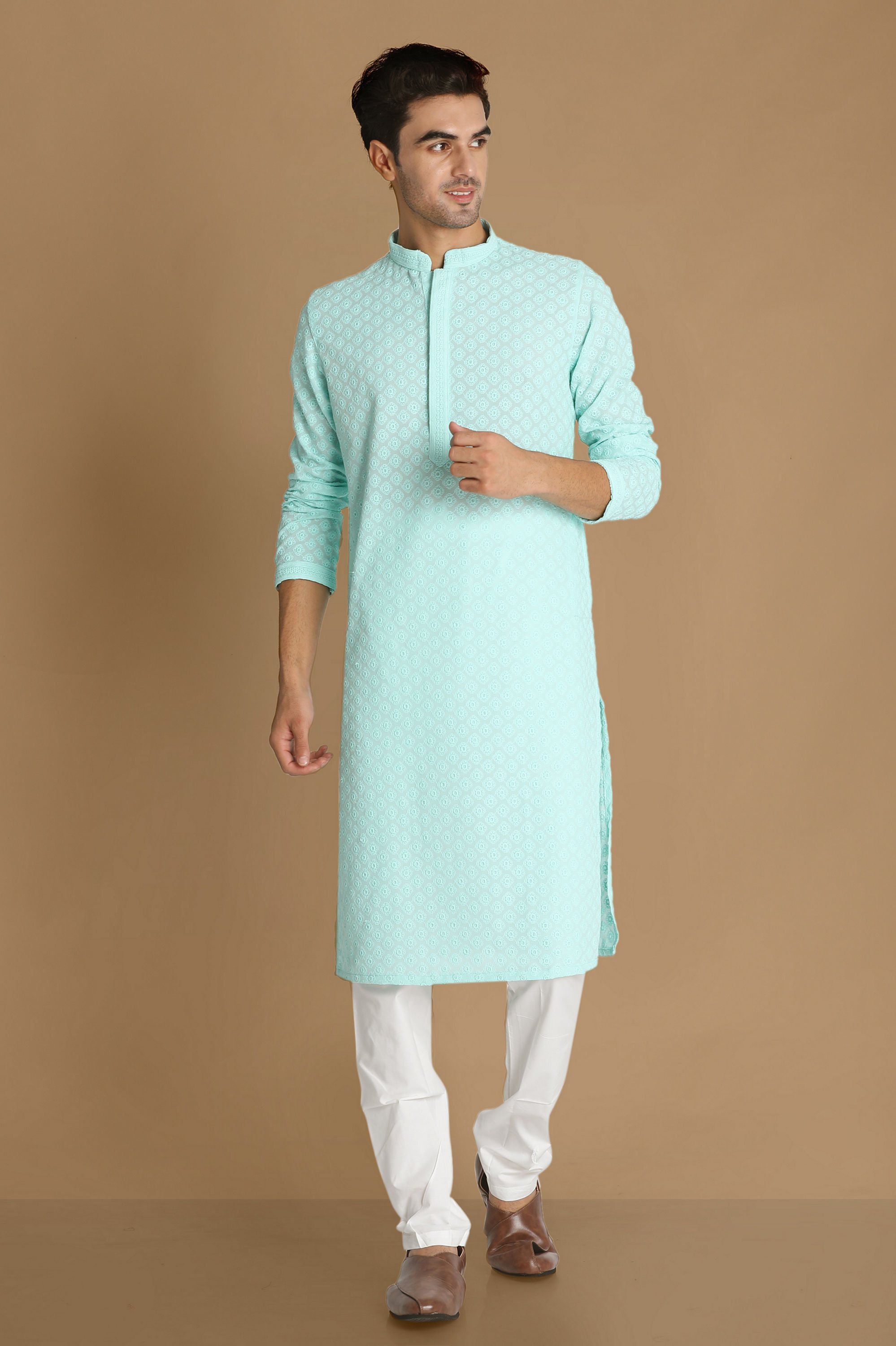 Manyavar Men Mint Green Chikankari Kurta Set