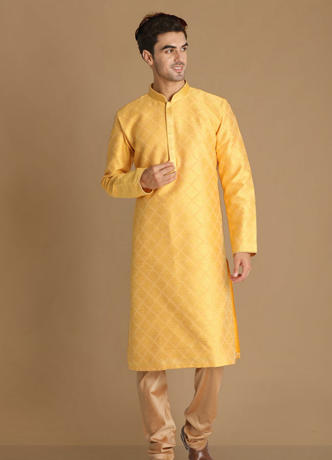 Manyavar Men Light Yellow Jacquard Kurta Set