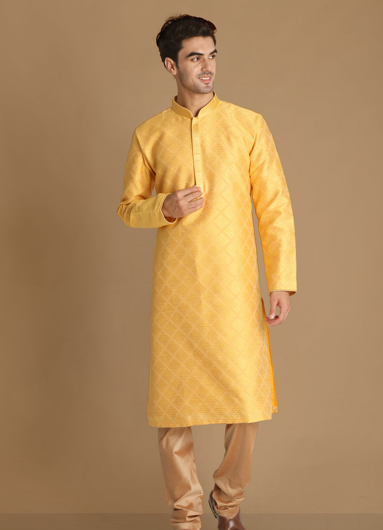 Manyavar Men Light Yellow Jacquard Kurta Set