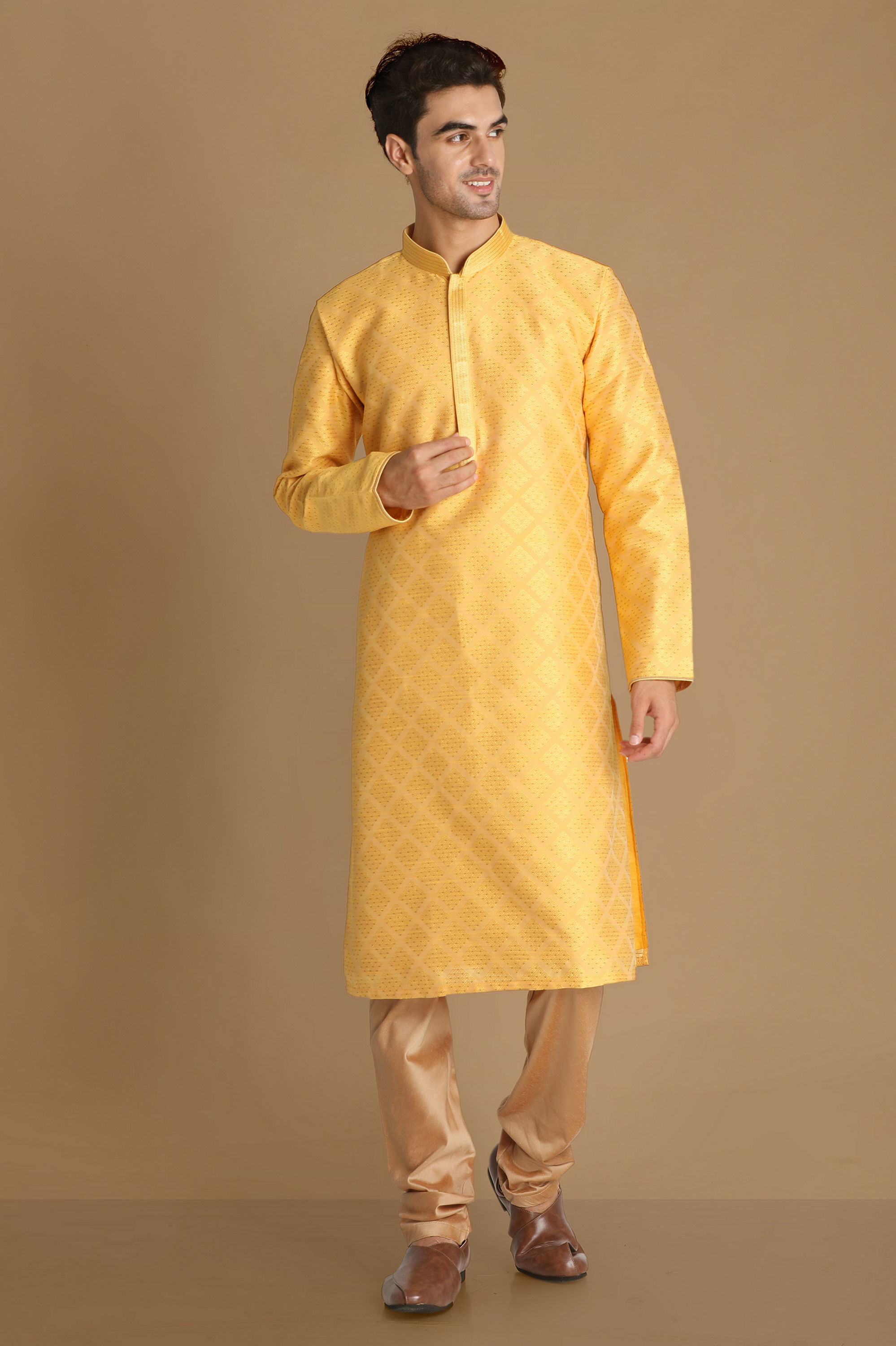 Manyavar Men Light Yellow Jacquard Kurta Set