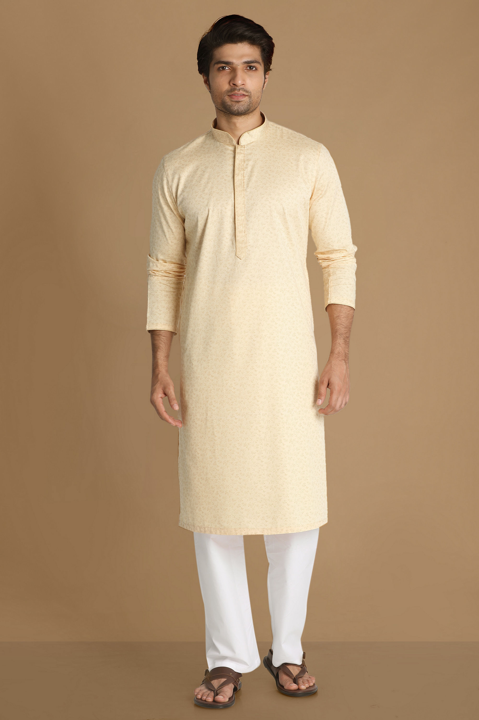 Manyavar Men Cream Printed Kurta Set