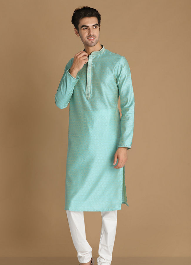 alt message - Manyavar Men Pastel Blue Self Design Kurta Pajama image number 1