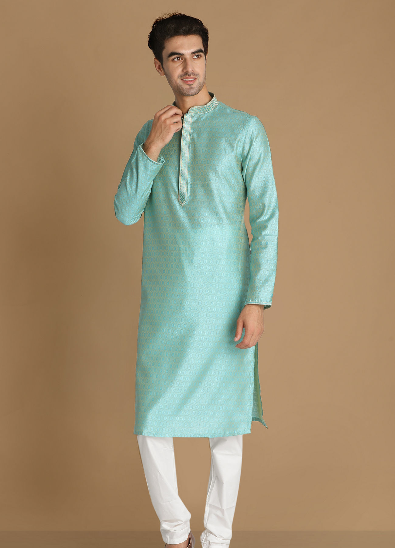 Manyavar Men Pastel Blue Self Design Kurta Pajama