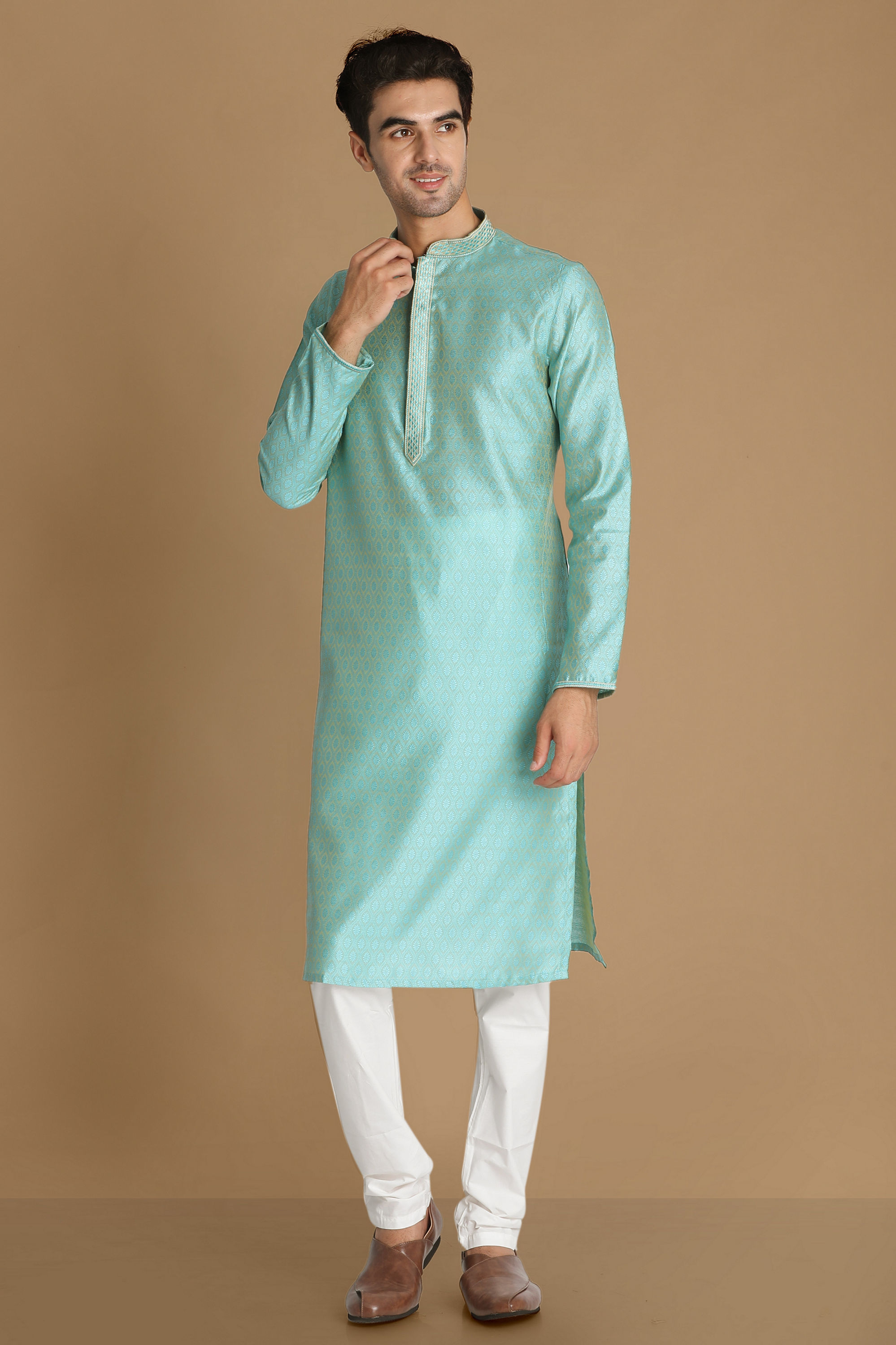 Manyavar Men Pastel Blue Self Design Kurta Pajama