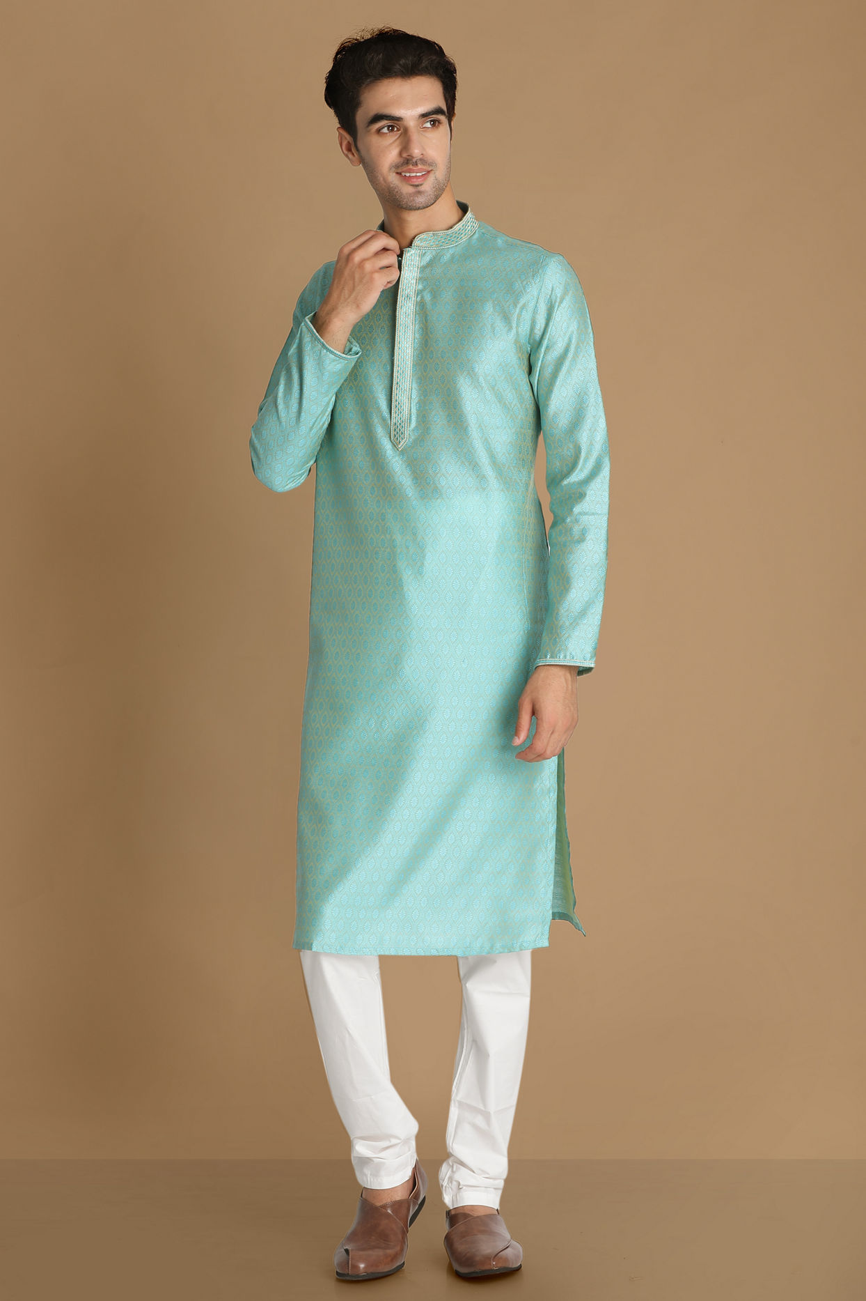 alt message - Manyavar Men Pastel Blue Self Design Kurta Pajama image number 1