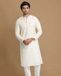 Manyavar Men Off White Self Motif Kurta Set