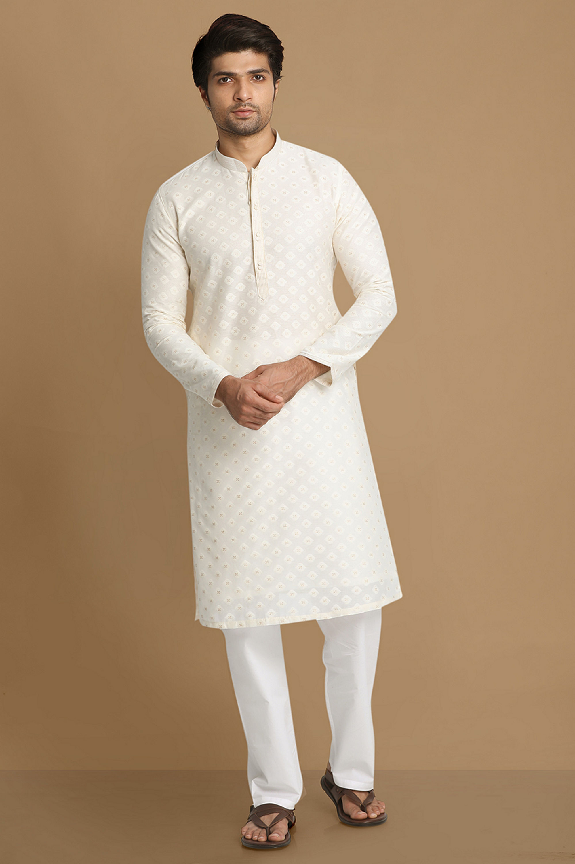 Manyavar Men Off White Self Motif Kurta Set