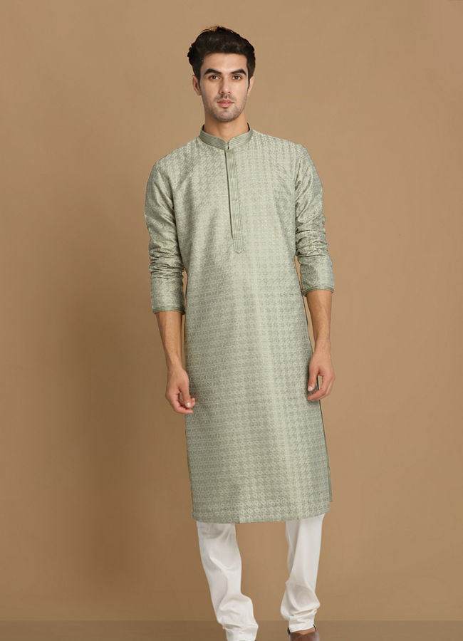 alt message - Manyavar Men Sage Green Self Embroidered Kurta Set image number 1