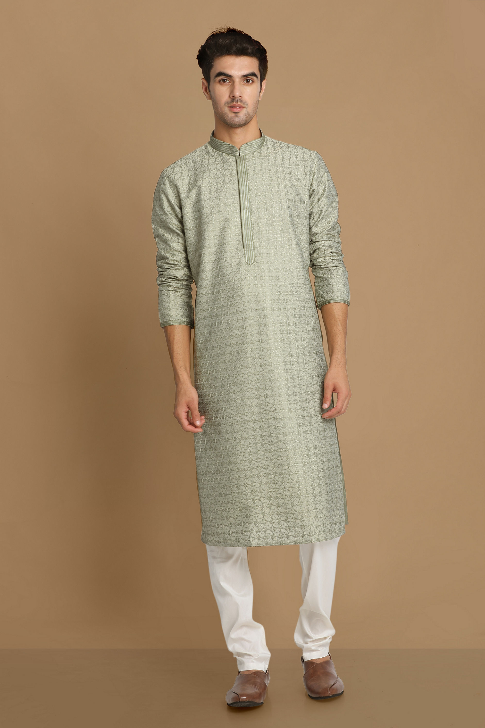 Manyavar Men Sage Green Self Embroidered Kurta Set