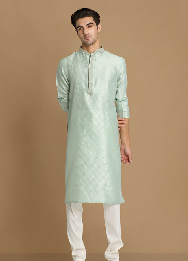 Manyavar Men Pastel Green Self Design Kurta Pajama
