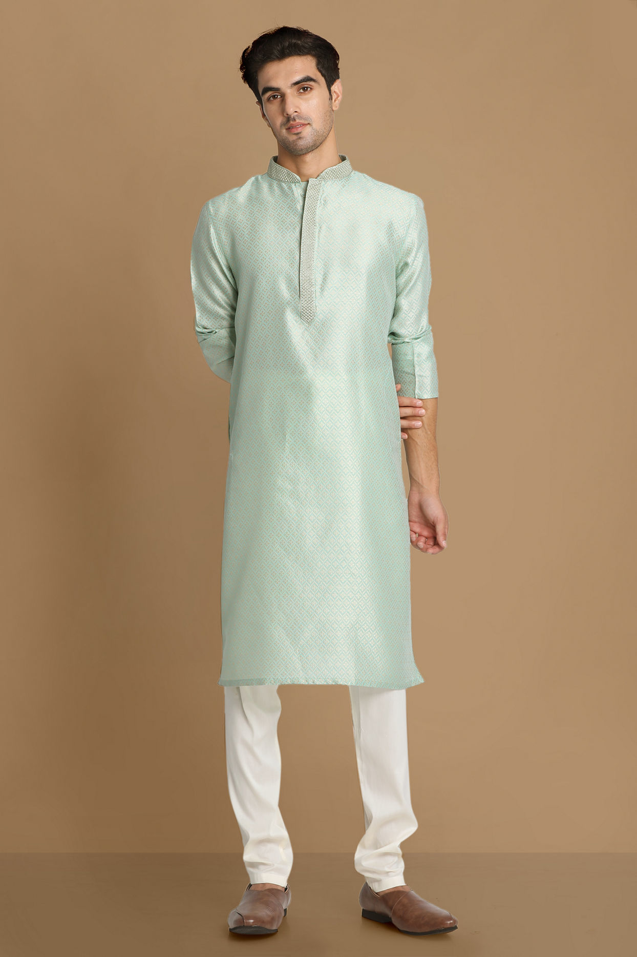 Manyavar Men Pastel Green Self Design Kurta Pajama