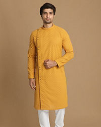 Manyavar Men Mustard Side Open Kurta With Chikankari Work