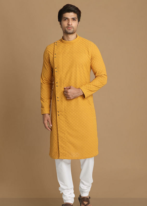 Manyavar Men Mustard Side Open Kurta With Chikankari Work