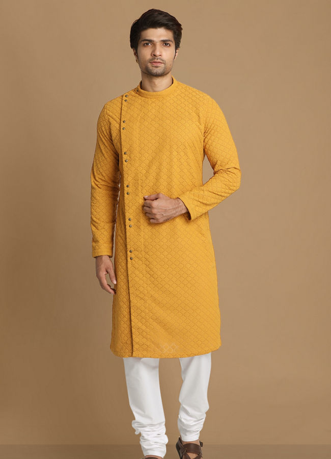 alt message - Manyavar Men Mustard Side Open Kurta With Chikankari Work image number 1