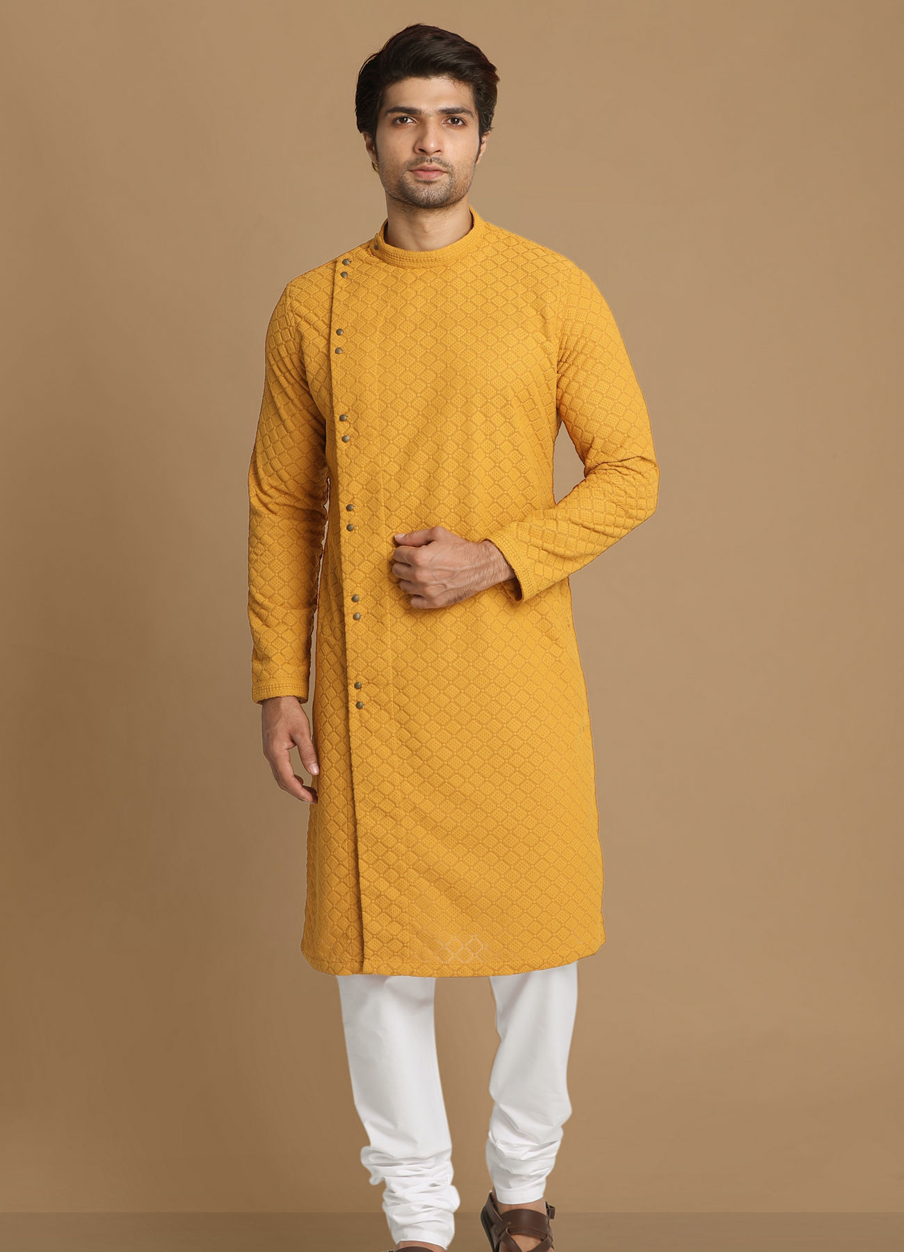 Manyavar Men Mustard Side Open Kurta With Chikankari Work