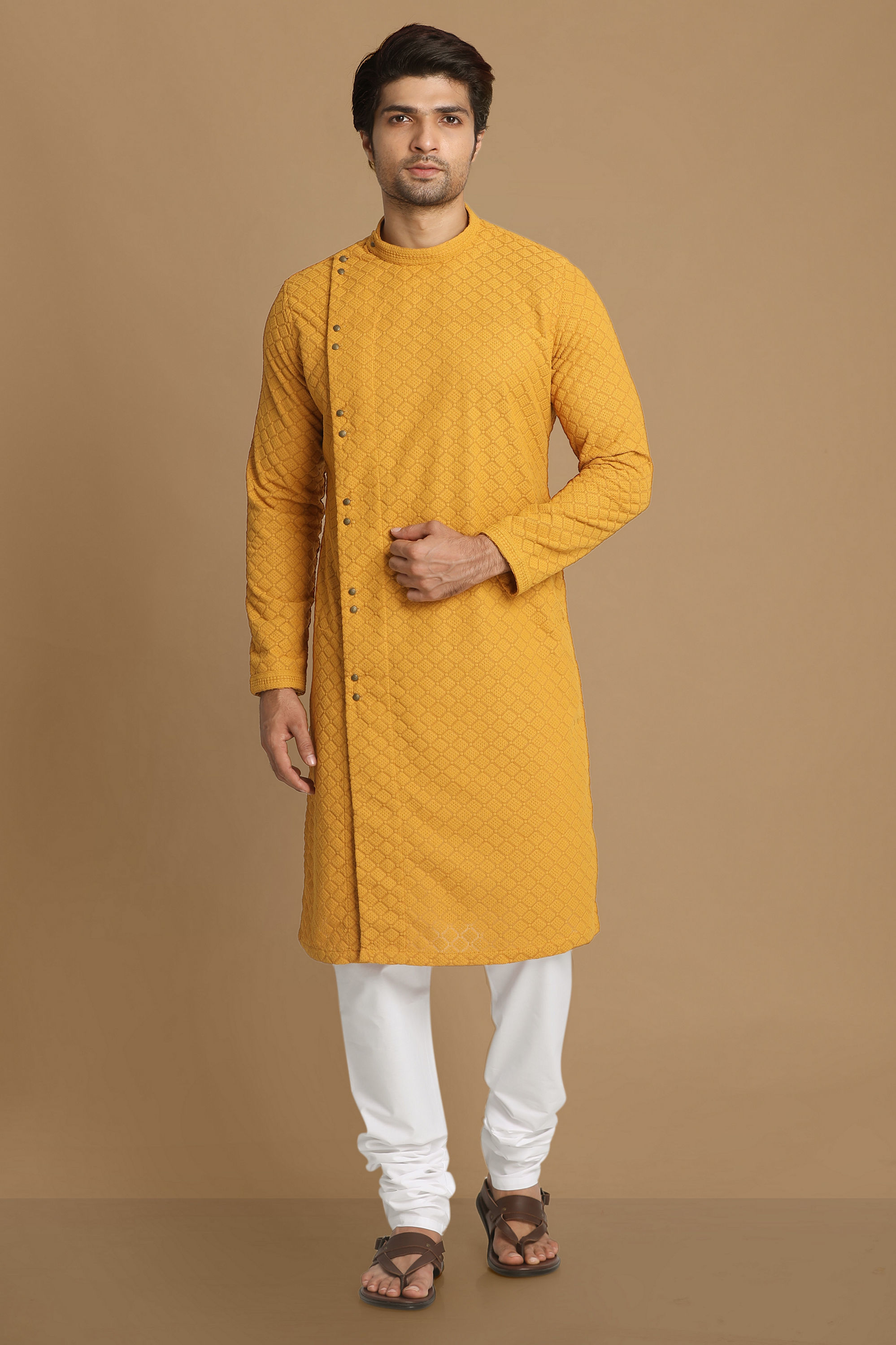 Manyavar Men Mustard Side Open Kurta With Chikankari Work