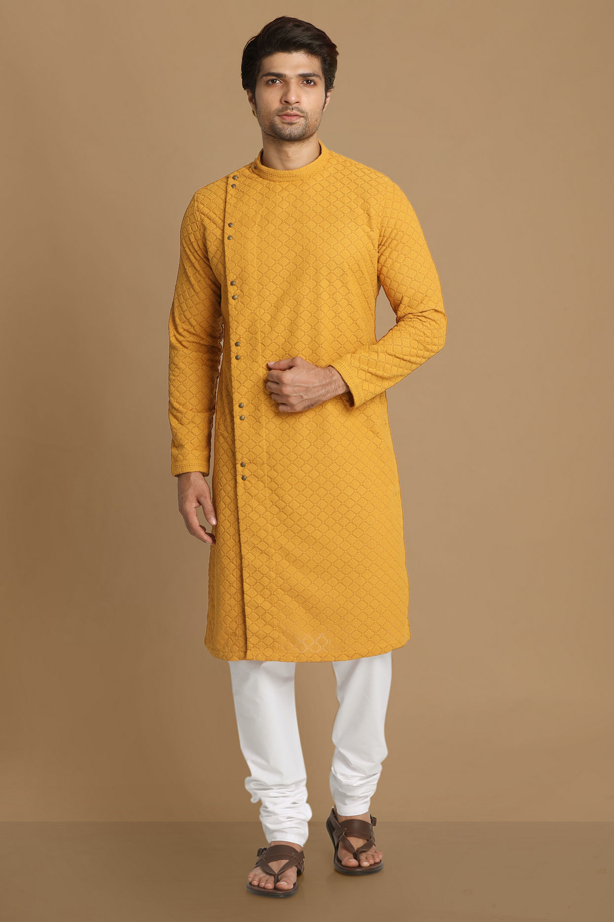 alt message - Manyavar Men Mustard Side Open Kurta With Chikankari Work image number 1