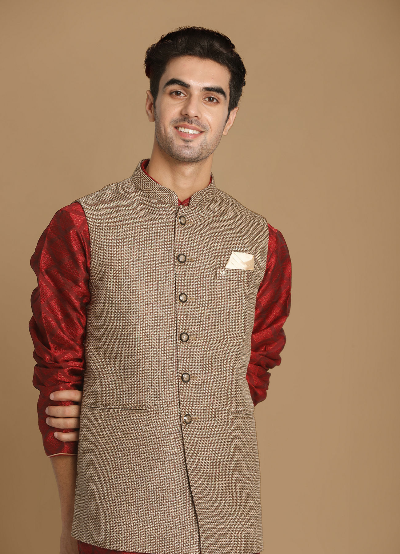 Manyavar Men Bold Brown Waist Coat