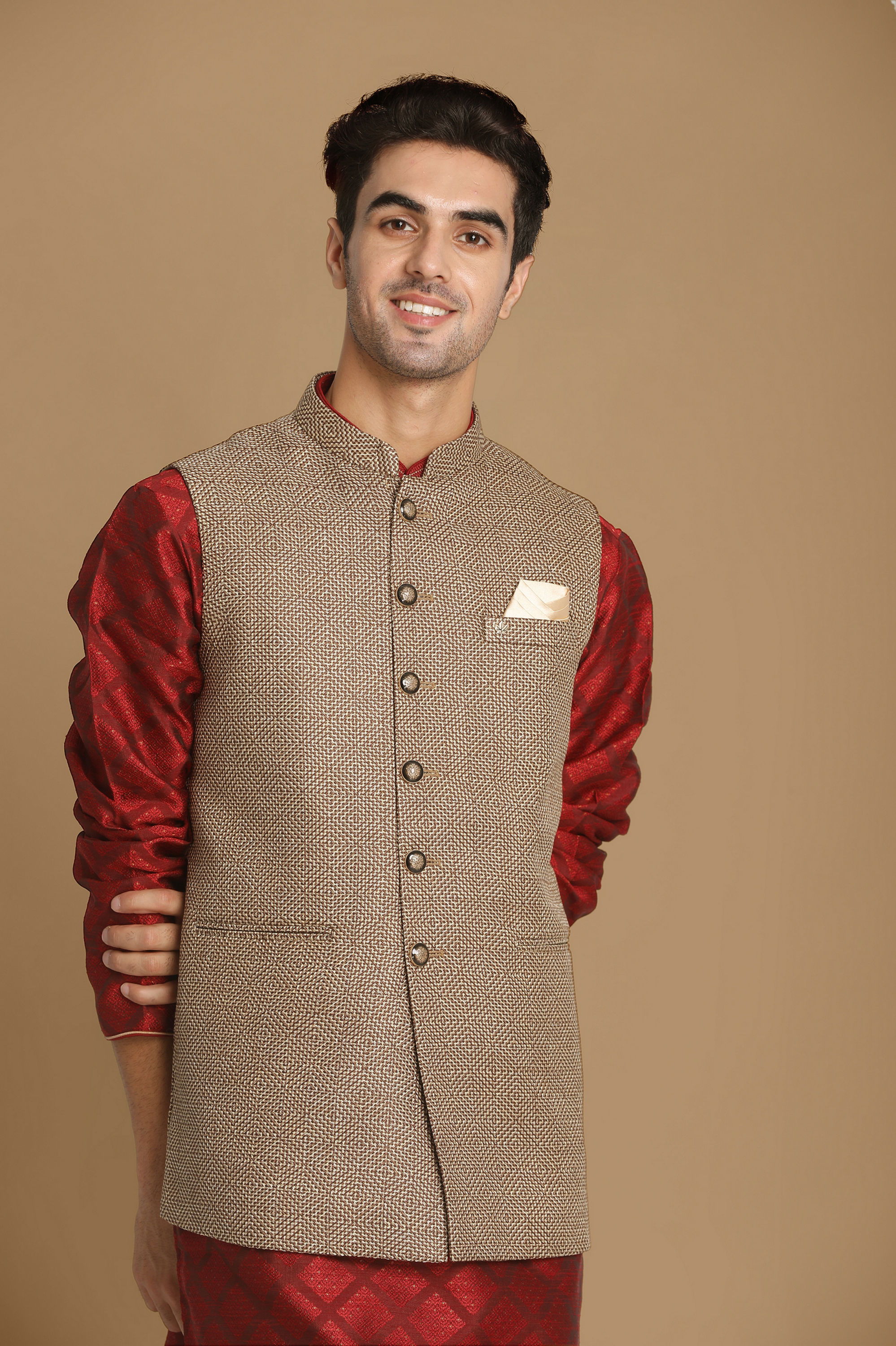 Manyavar Men Bold Brown Waist Coat