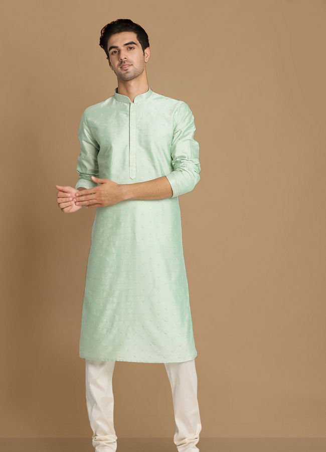 alt message - Manyavar Men Pastel Green Embroidered Kurta Set image number 1