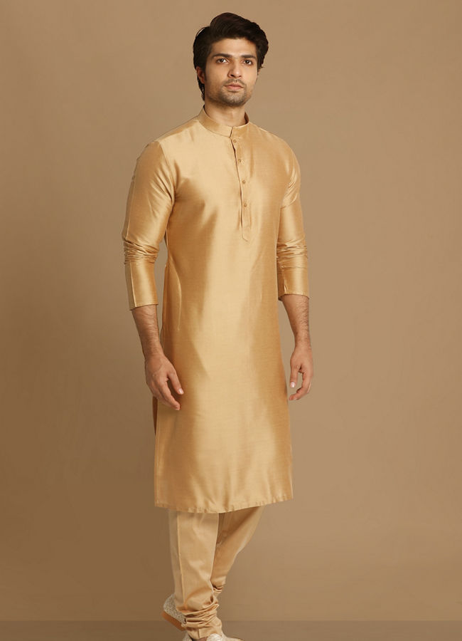 alt message - Manyavar Men Light Taupe Brown Solid Kurta Set image number 1