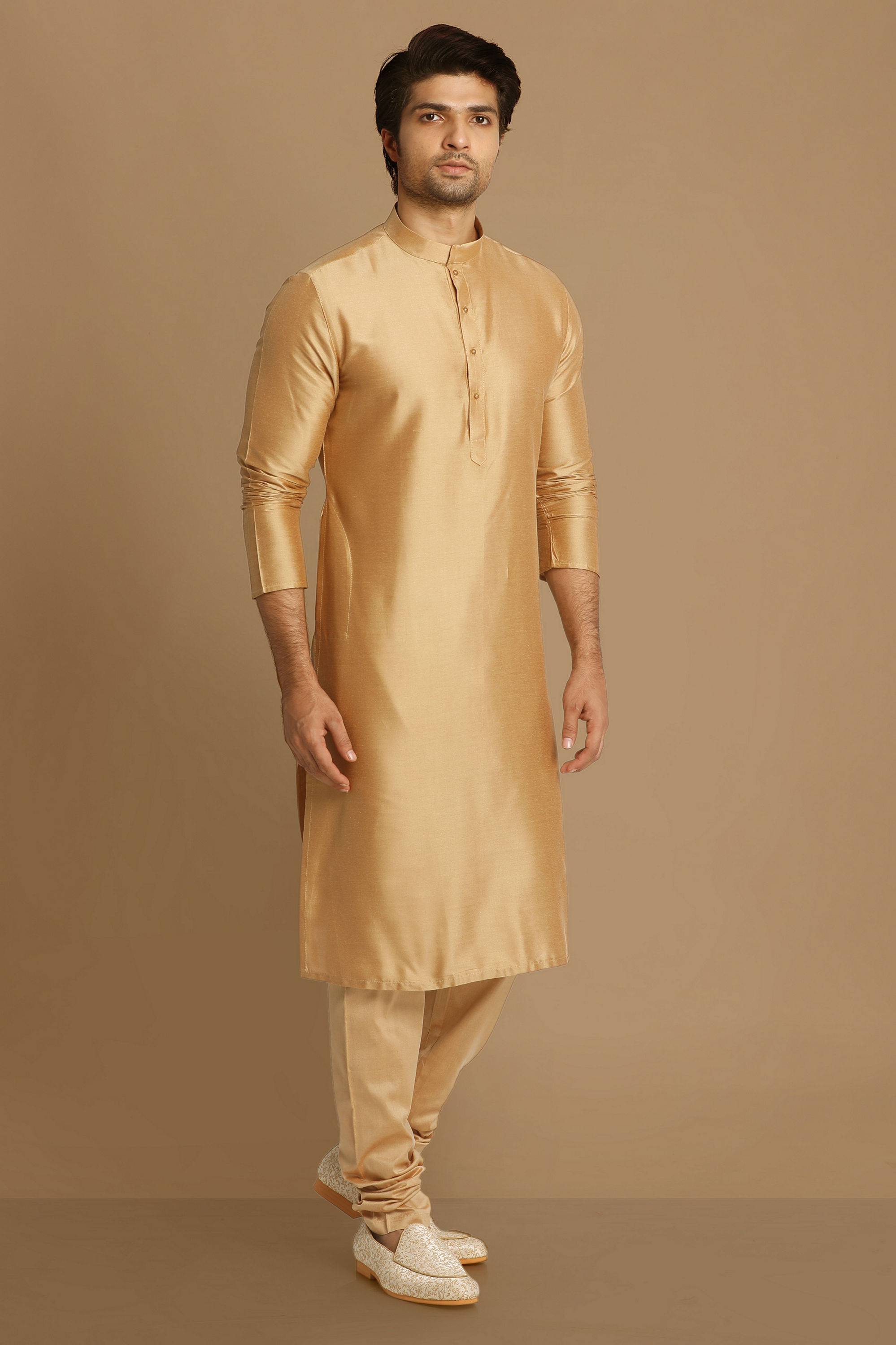 Manyavar Men Light Taupe Brown Solid Kurta Set