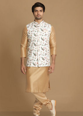 Manyavar Men Light Colored Floral Jacket image number 1