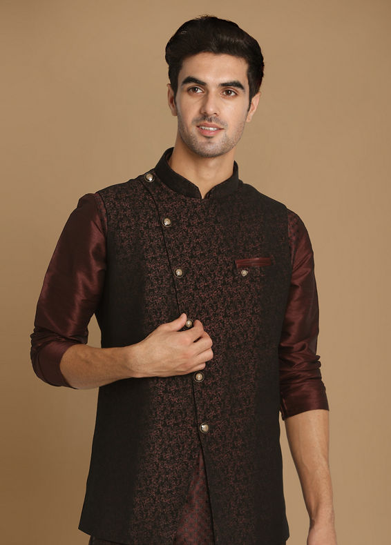 Manyavar Men Fabulous Wine Waist Coat