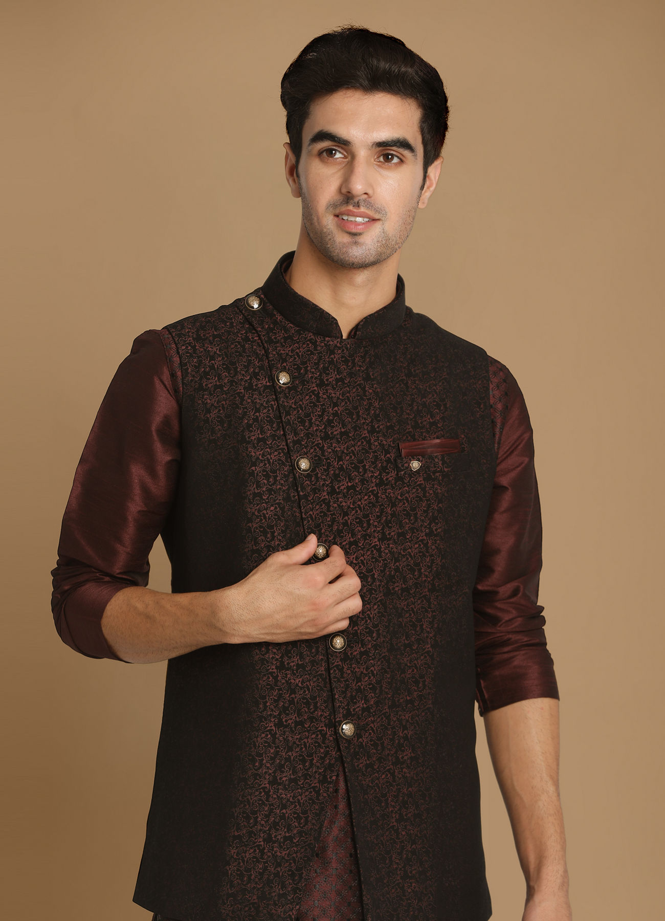 Manyavar Men Fabulous Wine Waist Coat