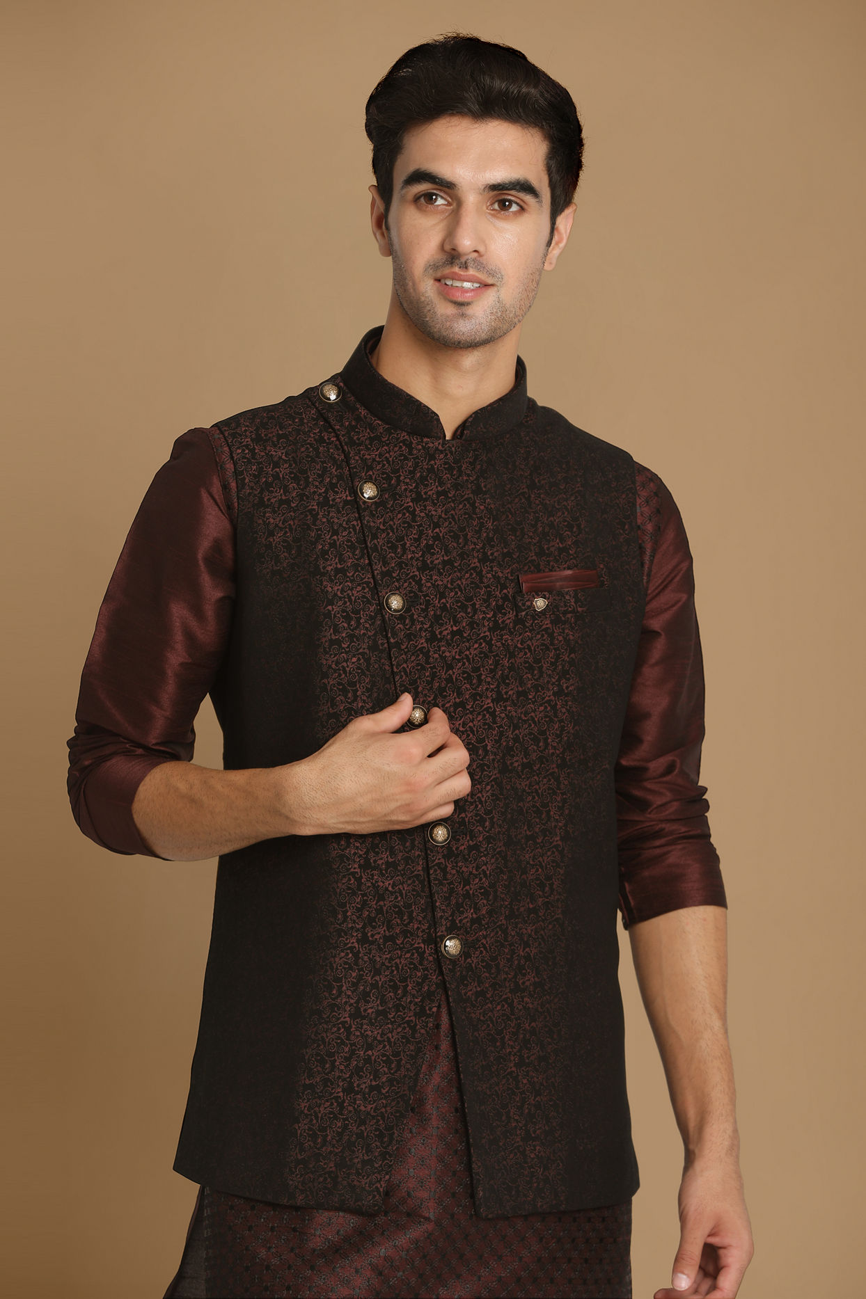 alt message - Manyavar Men Fabulous Wine Waist Coat image number 0