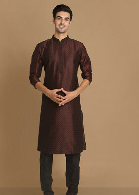 alt message - Manyavar Men Wine Self Design Kurta With Black Churidar image number 1