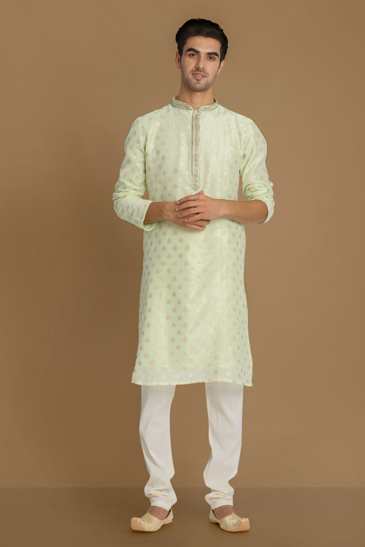 Manyavar Men Pastel Green Self Leaf Motif Kurta Set